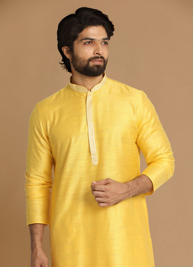 Yellow Plain Kurta Pajama image number 0